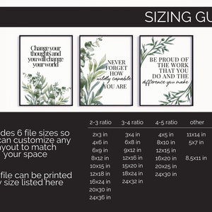 Puede incluir: Una gu&iacute;a de tama&ntilde;os para impresiones de pared con tres citas diferentes. Las citas son "Cambia tus pensamientos y cambiar&aacute;s tu mundo", "Nunca olvides lo incre&iacute;blemente capaz que eres", y "Si&eacute;ntete orgulloso del trabajo que haces y de la diferencia que marcas". La gu&iacute;a incluye seis tama&ntilde;os de archivo diferentes en pulgadas, que van de 2x3 a 24x36, y los tama&ntilde;os de papel ISO correspondientes.