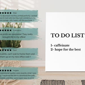 Pode incluir: Um cartaz branco imprim&iacute;vel com o texto "TO DO LIST" e dois marcadores: "1- caffeinate" e "2- hope for the best". O cartaz &eacute; rodeado por avalia&ccedil;&otilde;es positivas de clientes com cinco estrelas.