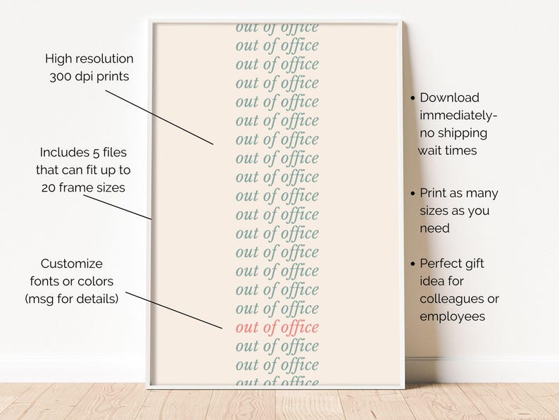 Pode incluir: Impress&atilde;o emoldurada com a frase "out of office" repetida verticalmente. O texto &eacute; verde claro, com uma inst&acirc;ncia em vermelho. O fundo &eacute; bege claro.