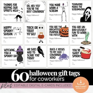 May include: A collection of twelve square Halloween gift tags featuring black text and colorful illustrations including a black cat, skeleton, ghost, pumpkin, zombie hand, witch cat, raven, spider, and cupcake with a knife, all with To and From lines.