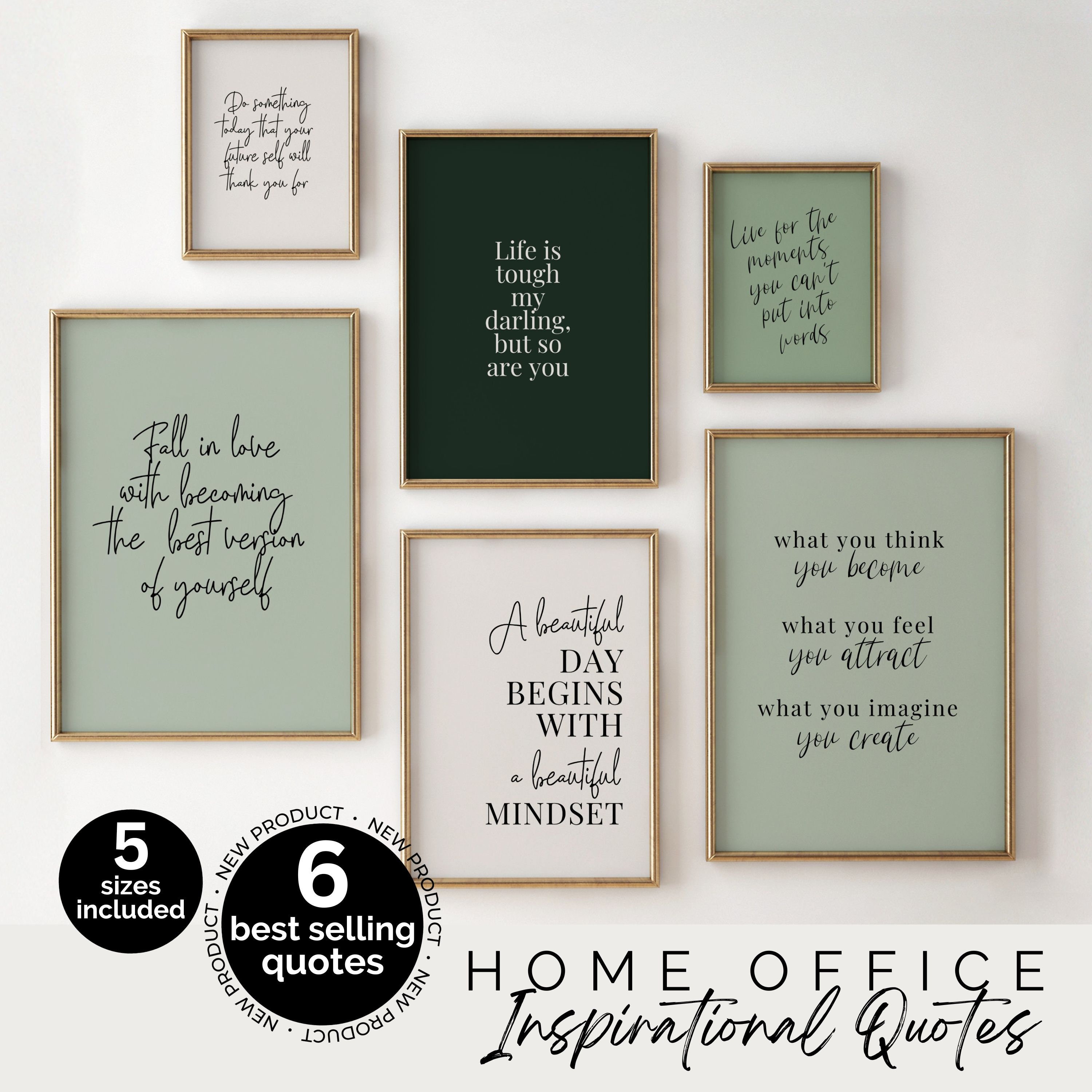 Green Office Decor, Inspirational Quote Posters, Motivational Office Wall Decor Bundle, Sage Green Wall Art Prints, Gallery Wall Set of 6