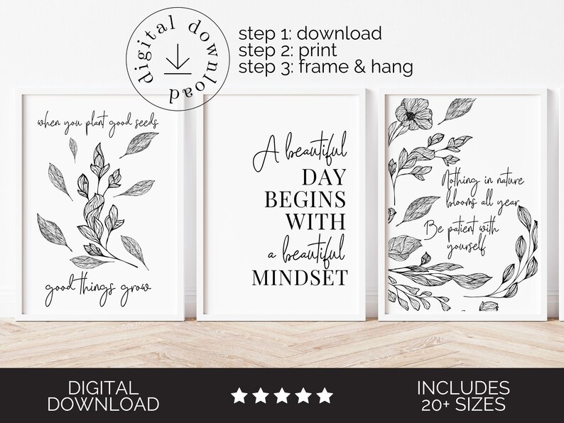 Puede incluir: Tres impresiones de arte de pared imprimibles con ilustraciones florales en blanco y negro y citas inspiradoras. La primera impresi&oacute;n dice "Cuando plantas buenas semillas, crecen cosas buenas". La segunda impresi&oacute;n dice "Un d&iacute;a hermoso comienza con una hermosa mentalidad". La tercera impresi&oacute;n dice "Nada en la naturaleza florece todo el a&ntilde;o. S&eacute; paciente contigo mismo".