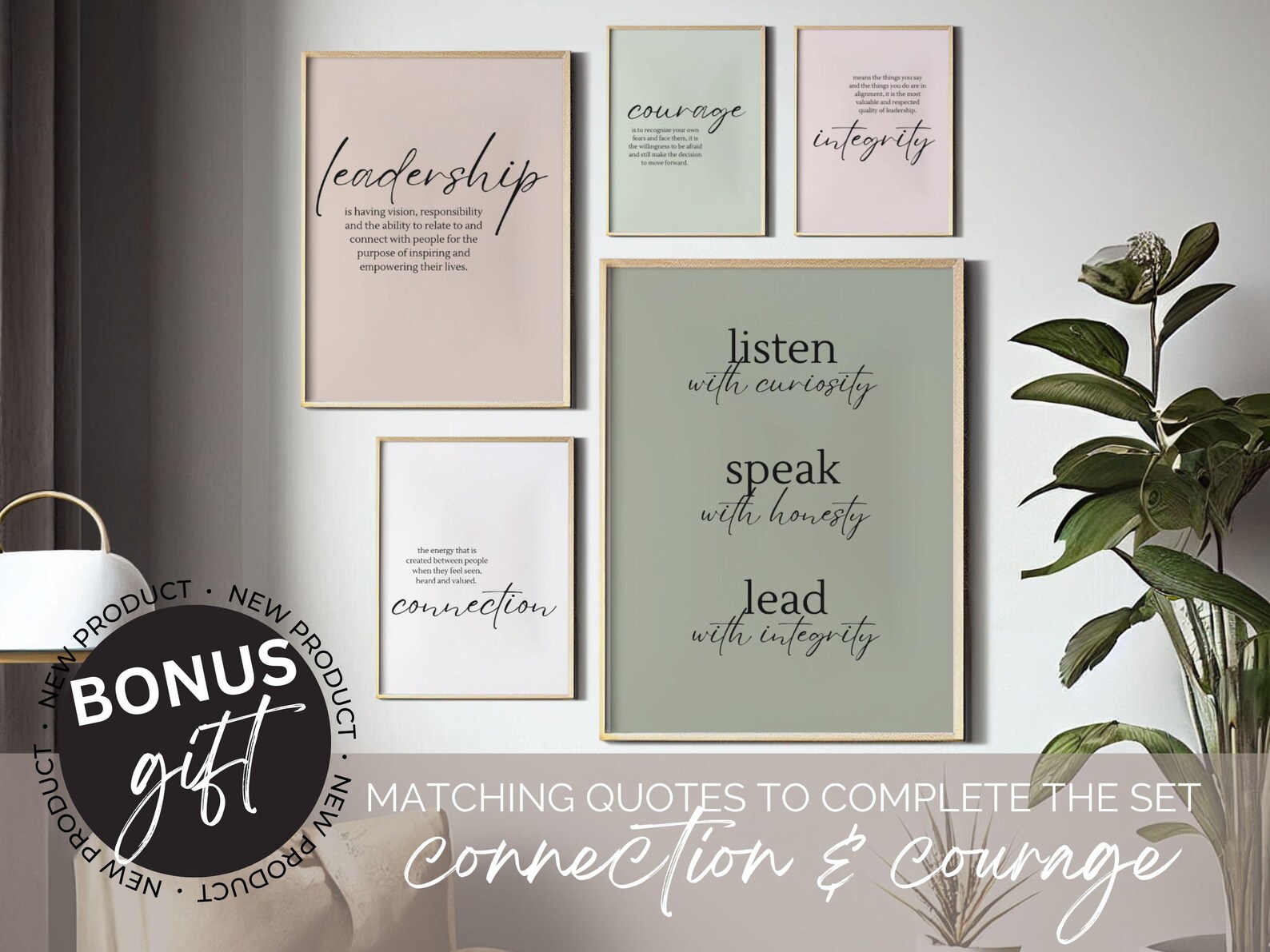 Female Office Wall Art Set Pink and Green Office Decor Team Leadership ...