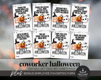 May include: A collection of Halloween-themed gift tags for coworkers. Each tag features a pumpkin, ghost, witch hat, and the words "Happy Halloween." Various phrases like "Thanks for making work less frightful" are included.