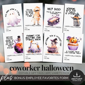 May include: A collection of Halloween-themed gift tags with various illustrations, including a ghost, mummy, and witch. Each tag has the words "Happy Halloween" and space for "To" and "From". The words "coworker halloween" are at the bottom.