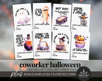 May include: A collection of Halloween-themed gift tags with various illustrations, including a ghost, mummy, and witch. Each tag has the words "Happy Halloween" and space for "To" and "From". The words "coworker halloween" are at the bottom.