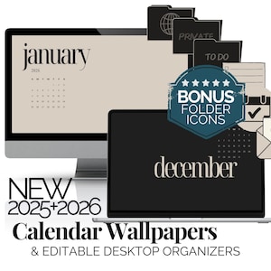 Papier peint de bureau et pack d'icônes Calendrier mensuel 2026 Papier peint de bureau numérique Organiseurs de bureau modifiables Papier peint d'ordinateur portable pour Mac Windows
