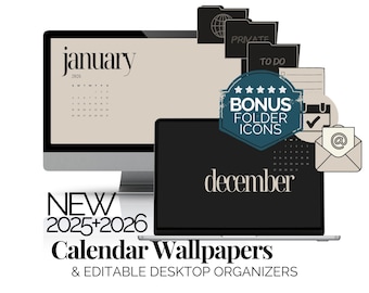 Desktop Wallpaper And Icon Pack 2026 Monthly Calendar Digital Desktop Wallpaper Editable Desktop Organizers Laptop Wallpaper for Mac Windows