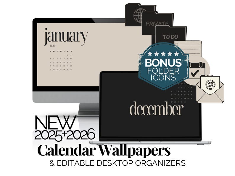 Desktop Wallpaper And Icon Pack 2026 Monthly Calendar Digital Desktop Wallpaper Editable Desktop Organizers Laptop Wallpaper for Mac Windows image 1