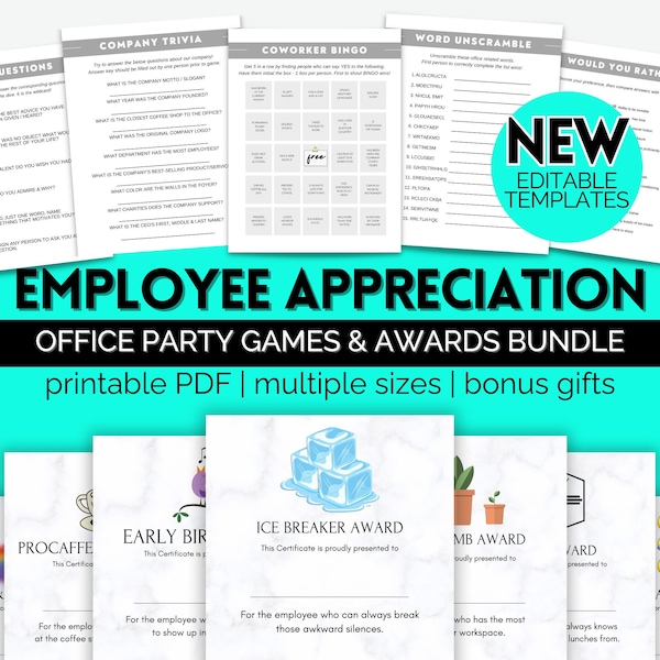 Staff Appreciation Printable Bundle, Funny Employee Award Certificates, Work Party Icebreaker Games, Fun Workplace Team Building Activities