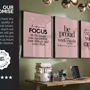 Motiverande väggkonst set med 3, inspirerande citatposters, kontorsdekor för kvinnor i rodnande rosa, inspirerande arbetscitattryck, konst med growth mindset bild 9