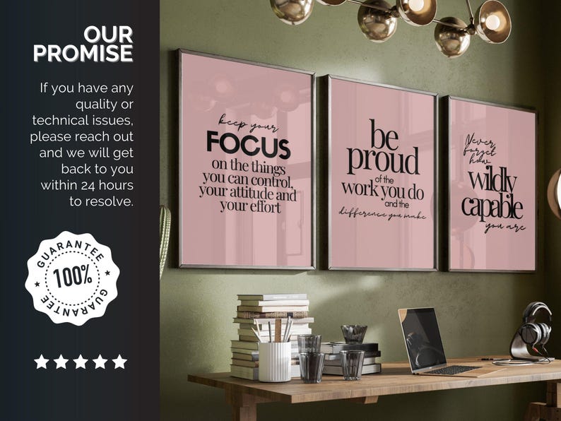 Motiverande väggkonst set med 3, inspirerande citatposters, kontorsdekor för kvinnor i rodnande rosa, inspirerande arbetscitattryck, konst med growth mindset bild 9