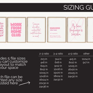 May include: A set of six framed art prints with pink text on a white background. The prints feature humorous quotes and phrases. A sizing guide with dimensions in inches is also included.