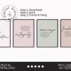May include: Four framed prints with inspirational words: "connection," "integrity," "courage," and "leadership." Each print has a black frame and a colored background. The words are in a handwritten style font. The image also includes the text "digital download."