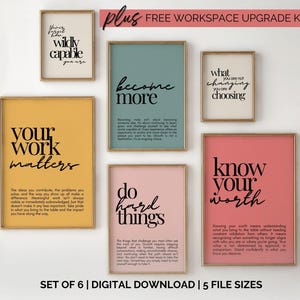 Könnte beinhalten: Ein Set aus sechs gerahmten Wandbildern mit motivierenden Texten in schwarzer Tinte auf verschiedenfarbigen Hintergründen wie Gelb, Petrol, Hellrosa und Creme. Die Drucke enthalten Phrasen wie your work matters, become more und know your worth.
