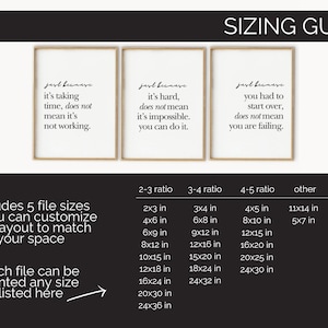 May include: Three framed prints with motivational quotes in black text on white backgrounds, set in gold frames. A sizing guide with print sizes in inches is also included.
