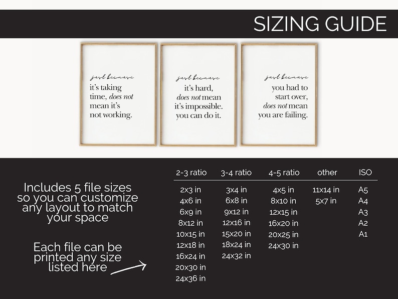 May include: Three framed prints with motivational quotes in black text on white backgrounds, set in gold frames. A sizing guide with print sizes in inches is also included.