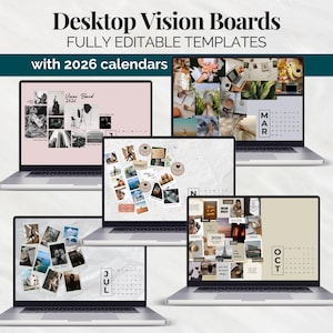 Op de afbeelding: Verschillende laptops tonen desktop vision board-sjablonen met kalenders voor 2026. Elk scherm toont een uniek vision board-ontwerp, met diverse afbeeldingen en een kalender voor verschillende maanden. De tekst bovenaan luidt "Desktop Vision Boards" en "FULLY EDITABLE TEMPLATES".