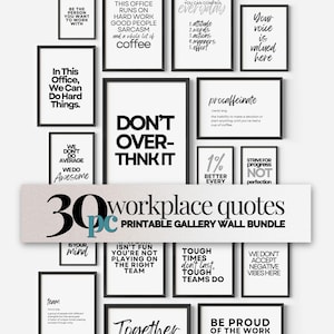 Puede incluir: Una colección de 30 citas de trabajo en marcos negros, dispuestas sobre un fondo blanco. Las citas presentan frases y refranes motivadores, perfectos para la decoración de oficinas o del hogar. La imagen incluye texto como "Don't overthink it" y "We don't do average."