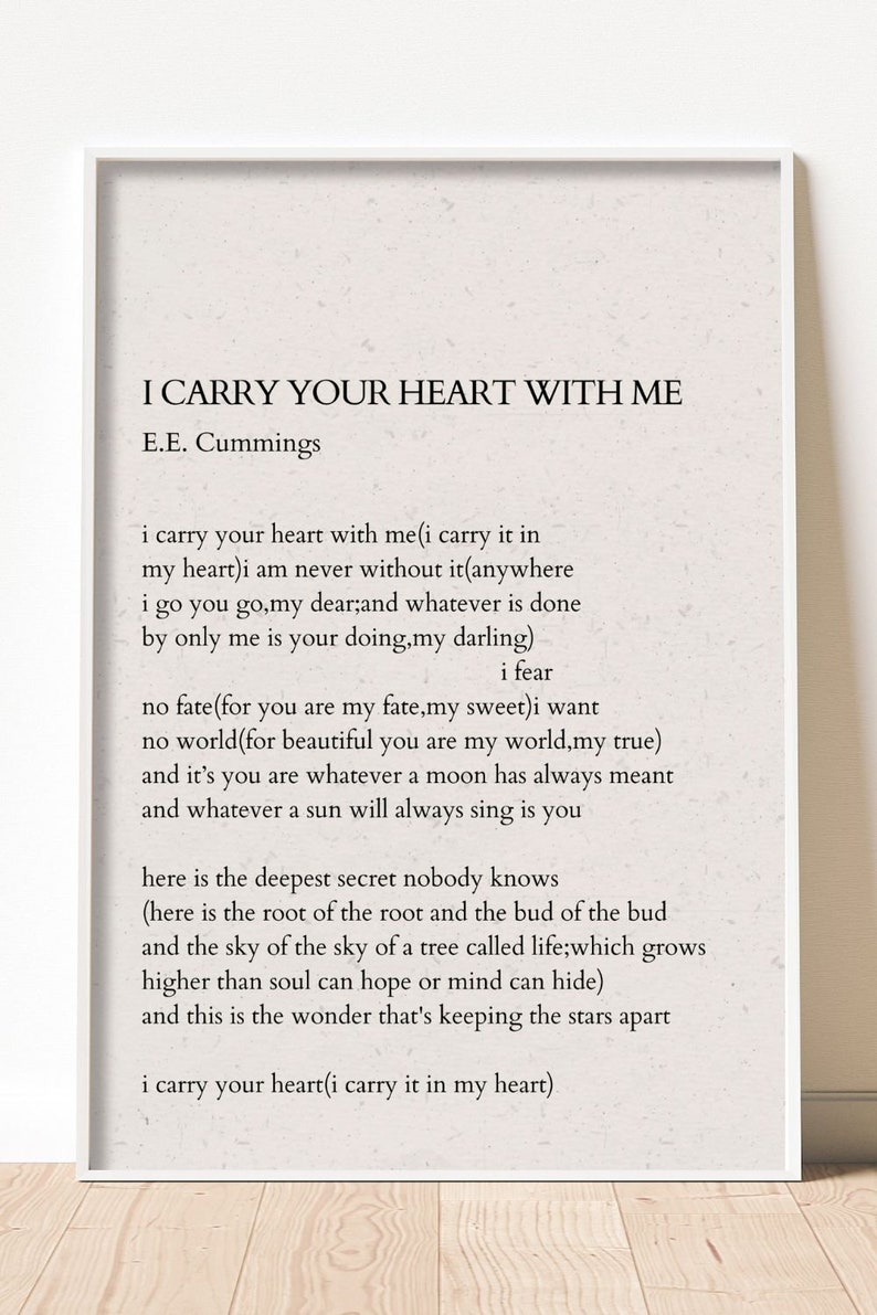 EE Cummings I Carry Your Heart With Me Poem Wall Art Valentines Day Gift Book Lover Gift ...