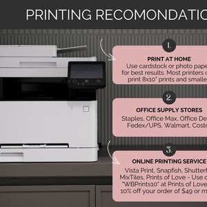 May include: A white all-in-one printer with a black front panel. The image includes text with printing recommendations, including printing at home, office supply stores, and online printing services. The text also includes a discount code for Prints of Love.