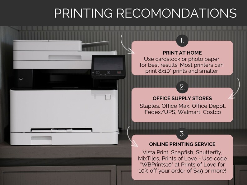 May include: A white all-in-one printer with a black front panel. The image includes text with printing recommendations, including printing at home, office supply stores, and online printing services. The text also includes a discount code for Prints of Love.