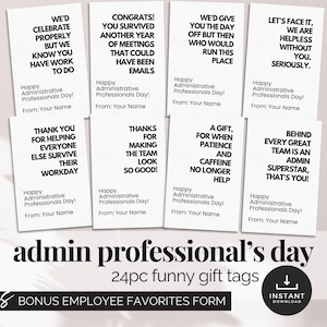 Étiquette cadeau sarcastique pour la fête des professionnels de l'administration Carte de reconnaissance des employés drôle Étiquette cadeau imprimable pour la semaine de reconnaissance de l'équipe