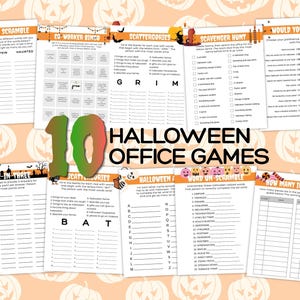 May include: A collection of ten printable Halloween office game sheets featuring word scrambles, bingo, scavenger hunts, and trivia. Each white paper sheet includes black text, orange headers, and festive Halloween illustrations like pumpkins and cats.