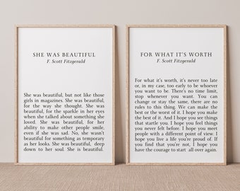 Set di 2 stampe con citazioni di F. Scott Fitzgerald Per quello che vale, era bellissima, citazioni letterarie, set di stampe da parete, citazioni stampabili sulla vita