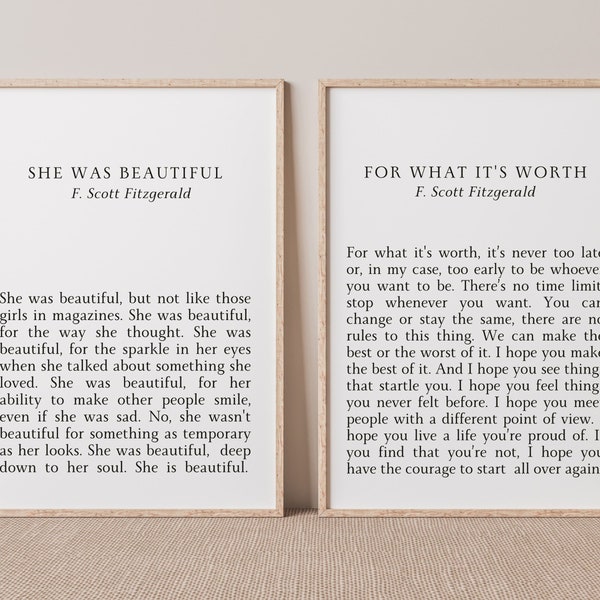 F Scott Fitzgerald Quote Set of 2 Prints For What It's Worth She Was Beautiful Literary Quote Wall Art Set Printable Quotes About Life