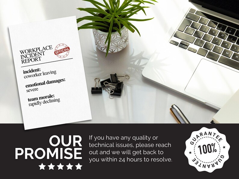 May include: A workspace scene featuring a laptop, a pen, and a small potted plant. A white paper with the text "WORKPLACE INCIDENT REPORT" and details about an incident is visible. Several binder clips are also present.