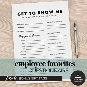 New Employee Welcome Questionnaire Office Icebreaker Activities Coworker Gift Idea List of Staff Favorite Things Employee Appreciation Gifts