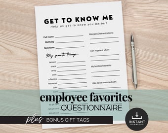 New Employee Welcome Questionnaire Office Icebreaker Activities Coworker Gift Idea List of Staff Favorite Things Employee Appreciation Gifts