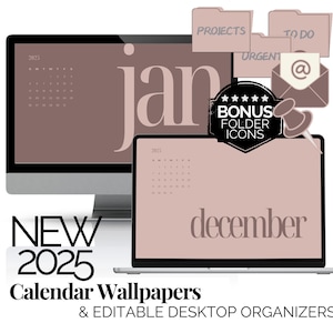 Neutral Desktop Wallpaper Monthly Calendar 2025 Digital Desktop Wallpaper Background Editable Desktop Organizers and Computer Folder Icons