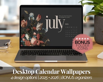 2026 Calendar Wallpaper and Desktop Organizer Bundle Digital Desktop Background Monthly Desktop Calendar for Windows Macbook Folder Icons