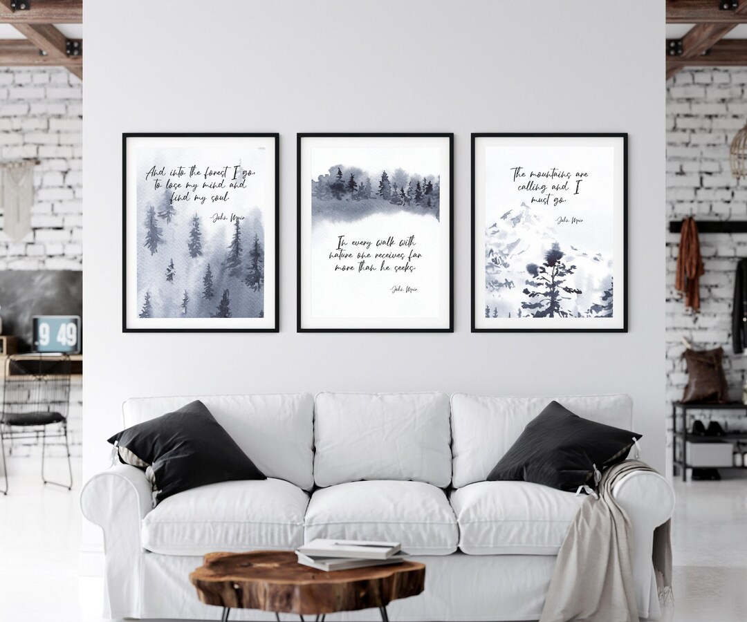 Navy Blue Watercolor Wall Art Set of 3 John Muir Quotes Etsy