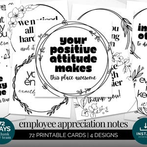 May include: A set of employee appreciation cards with motivational quotes in black on white. Each card has floral or circular designs. The bottom banner says "employee appreciation notes". The cards are designed to thank staff.
