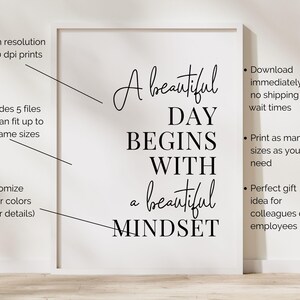 Puede incluir: Un dise&ntilde;o de arte de pared imprimible con el texto "A beautiful day begins with a beautiful mindset".