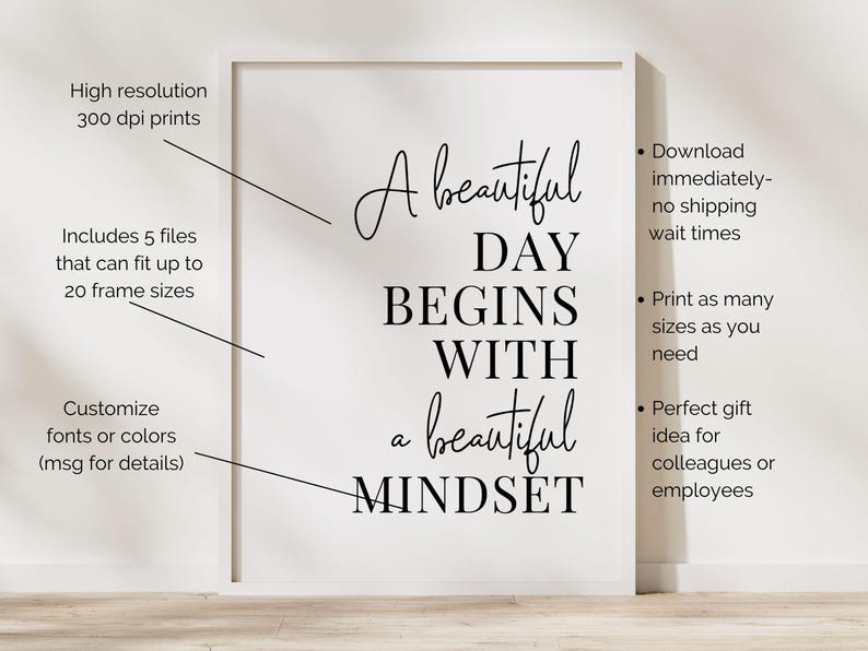 Puede incluir: Un dise&ntilde;o de arte de pared imprimible con el texto "A beautiful day begins with a beautiful mindset".