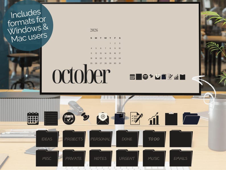 Desktop Wallpaper And Icon Pack 2026 Monthly Calendar Digital Desktop Wallpaper Editable Desktop Organizers Laptop Wallpaper for Mac Windows image 7