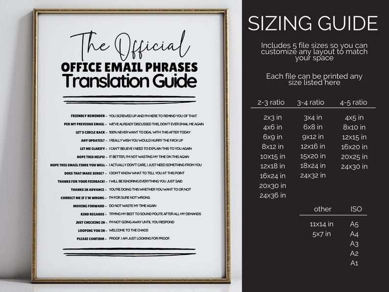 May include: A white poster in a gold frame titled The Official Office Email Phrases Translation Guide, listing sarcastic interpretations of common workplace phrases. To the right, a black panel provides a sizing guide with various ratios and dimensions in inches.