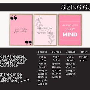 May include: Three framed pink art prints with inspirational quotes. The prints are in gold frames. The first print says "everything is figureoutable". The second print says "A beautiful day begins with a beautiful mindset". The third print says "Your only limit is your mind".