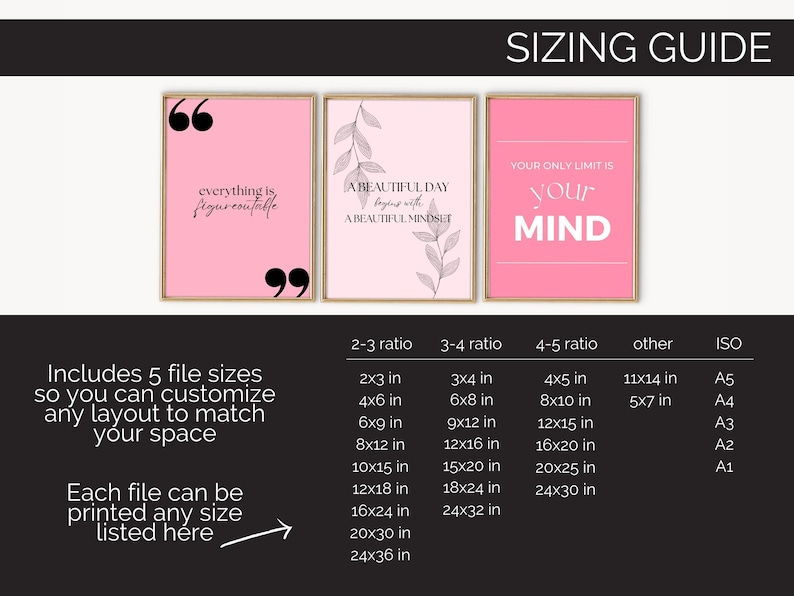 May include: Three framed pink art prints with inspirational quotes. The prints are in gold frames. The first print says "everything is figureoutable". The second print says "A beautiful day begins with a beautiful mindset". The third print says "Your only limit is your mind".