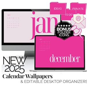 Fondo de pantalla y paquete de iconos para escritorio femeninos, calendario mensual 2025, fondo de pantalla digital, organizadores de escritorio editables, fondo de pantalla para portátil, rosa fuerte
