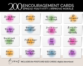 May include: A set of 200 encouragement cards with colorful backgrounds and inspirational messages. The cards are designed to spread positivity and improve morale. The text on the cards includes phrases like "Do all things with love", "Never stop leveling up", "The only way out is through", "Be determined to rise", "You deserve the best", "Your light shines bright", "Faith is bigger than fear", "Don't be afraid to fail at something new", "Every star shines differently", "You are such a beautiful person", "Just keep going", "You are destined for success", "You are magical", "Don't settle. Aim higher", "You are so important", and "Stay focused".
