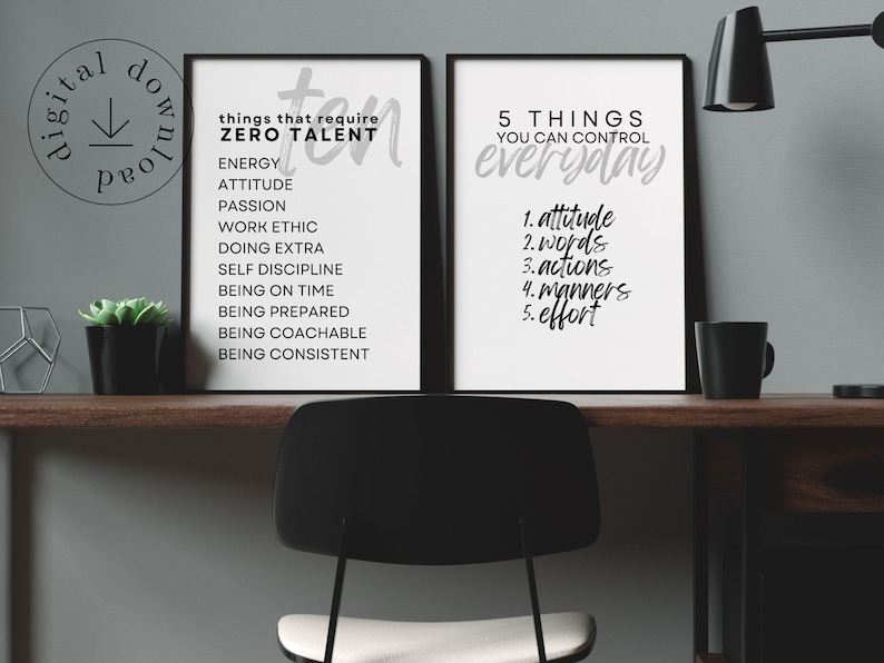 May include: Two framed prints with motivational text on a wooden desk. One print reads "Things That Require Zero Talent" with a list of ten qualities. The other says "5 Things You Can Control Everyday" with a list of five items.