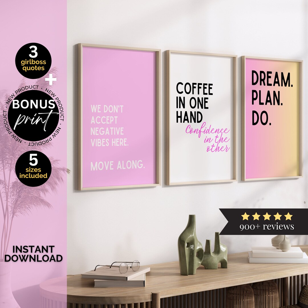 Pink Office Decor Women Inspirational Home Office Wall Art Set of 3 ...