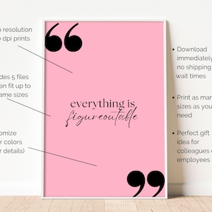 May include: Pink framed print with the phrase "everything is figureoutable" in black script. The print includes black quotation marks and text about print sizes and customization options. The background is a solid pink color.