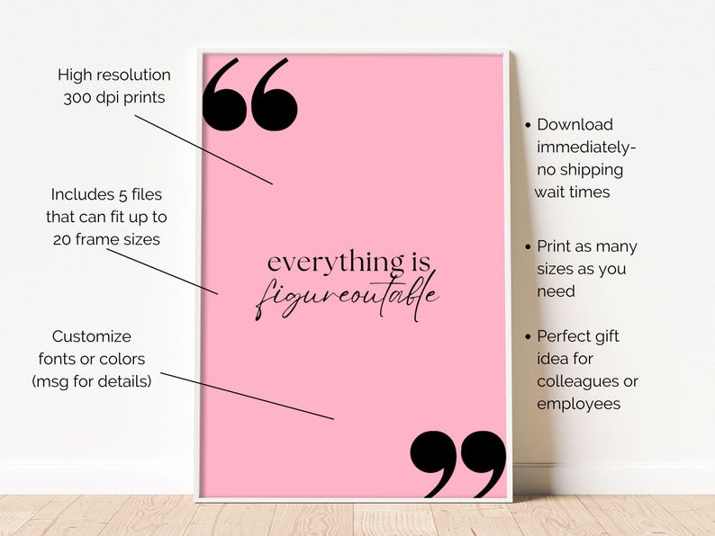 May include: Pink framed print with the phrase "everything is figureoutable" in black script. The print includes black quotation marks and text about print sizes and customization options. The background is a solid pink color.