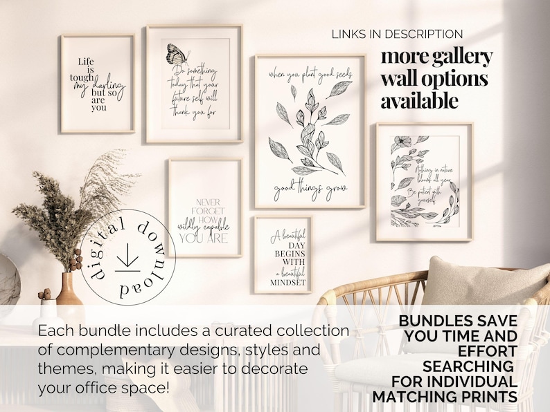 Puede incluir: Un conjunto de seis impresiones de arte de pared imprimibles en blanco y negro con citas inspiradoras. Las impresiones presentan una variedad de dise&ntilde;os, que incluyen una mariposa, una planta y una cita sobre un d&iacute;a hermoso. Las impresiones son perfectas para agregar un toque de estilo e inspiraci&oacute;n a cualquier habitaci&oacute;n.
